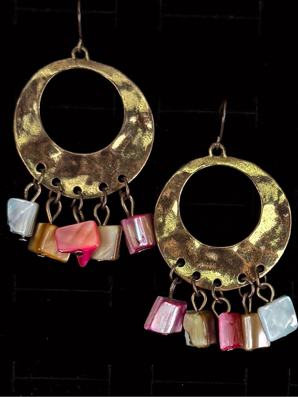 Vintage brasstone hammered multicolored stone costume pierced earrings